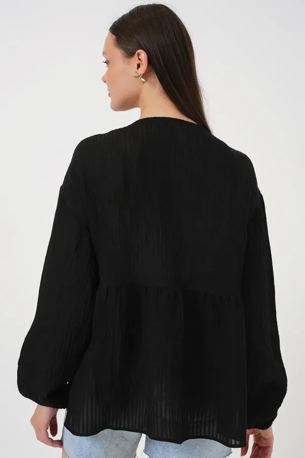 Women's Front Lace-Up Long-Sleeve Blouse 946 - Black