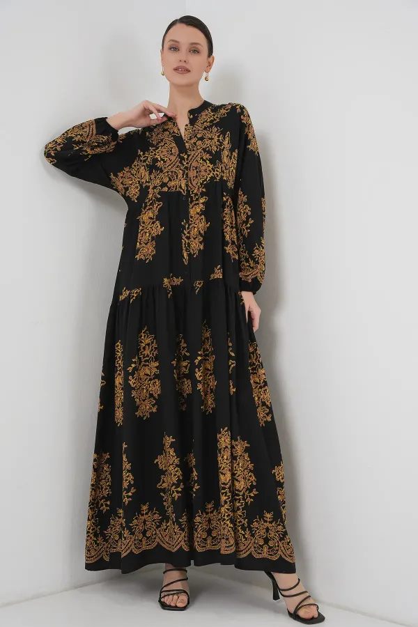 Black Gold Patterned Hijab Dress 2423
