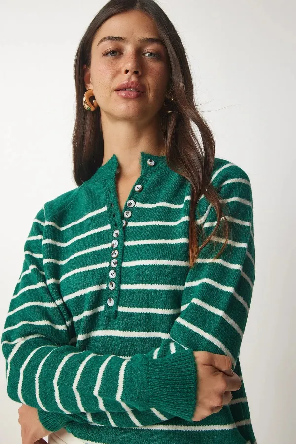 Pull rayé vert persan clair à manches ballon et col boutonné pour femme HZL23W-BD1101491