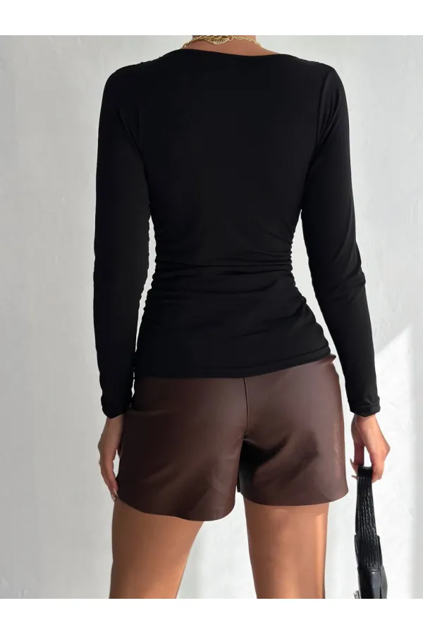 Kadın Siyah Degaje Yaka Yandan Büzgülü Uzun Kol Sandy Bluz HZL24W-FRY122481