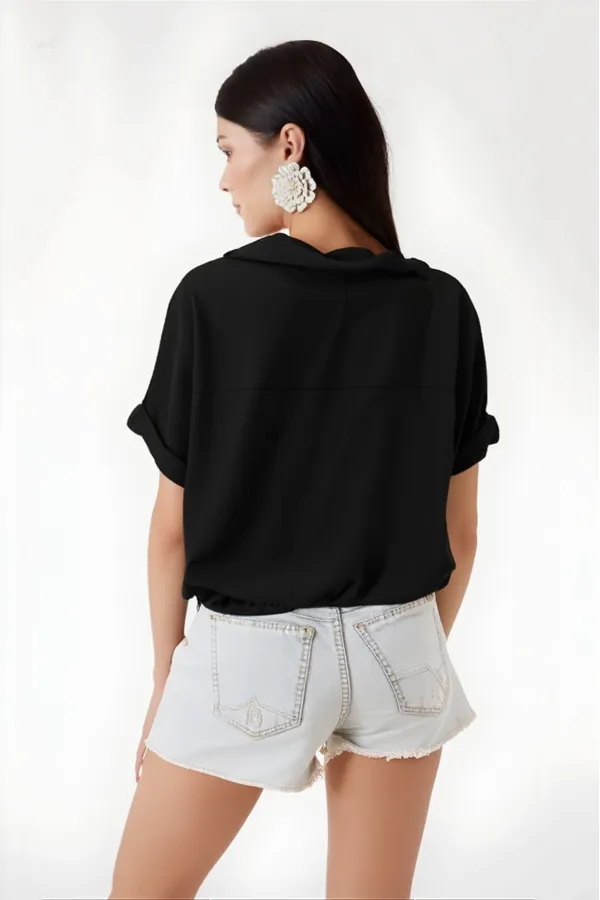 Kadın Siyah Polo Yaka Geniş Kesim Örme Bluz HZL24S-BD104861