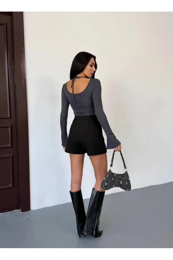 Kadın Antrasit Uzun Kollu Arkası Bağlamalı Fit Kesim Crop Bluz HZL25W-FRY122771