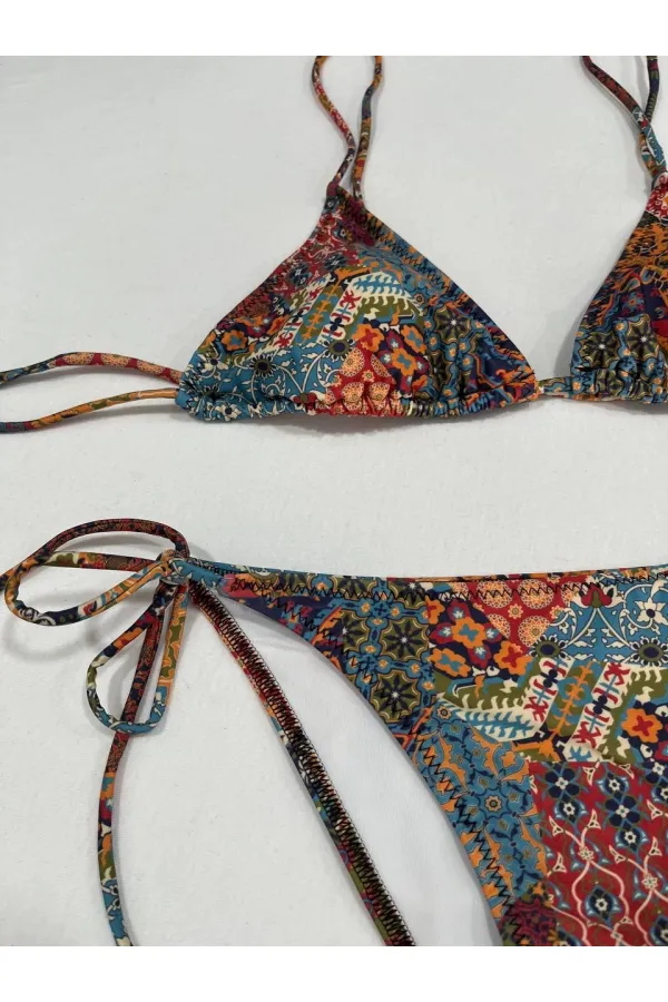 Ensemble bikini triangle dos nu à motif ethnique marron pour femme HZL25S-LC5005