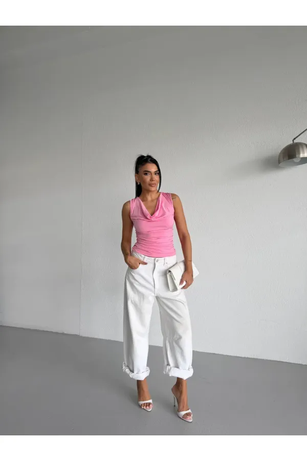 Women's Pink V-Neck Sandy Blouse with Side Drapes HZL25S-FRY123131 Women's Pink V-Neck Sandy Blouse with Side Drapes HZL25S-FRY123131