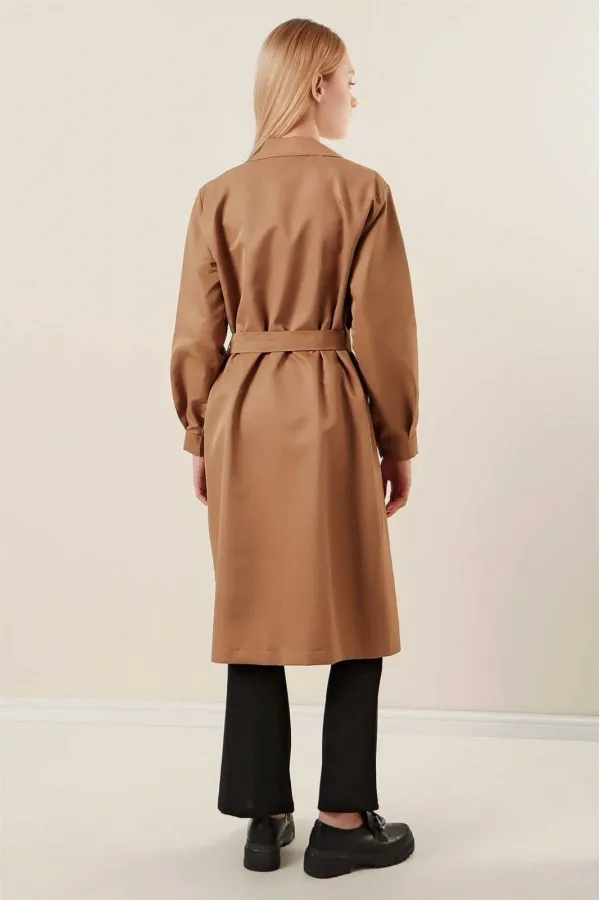 Women's Camel Double-Breasted Belted Unlined Seasonal Comfortable Trench Coat HZL22S-BD158531
