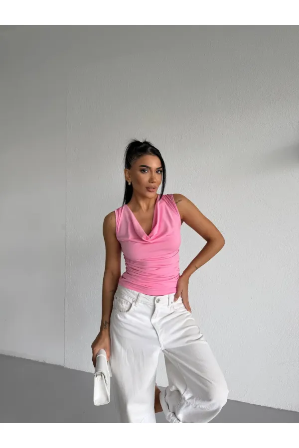Women's Pink V-Neck Sandy Blouse with Side Drapes HZL25S-FRY123131 Women's Pink V-Neck Sandy Blouse with Side Drapes HZL25S-FRY123131