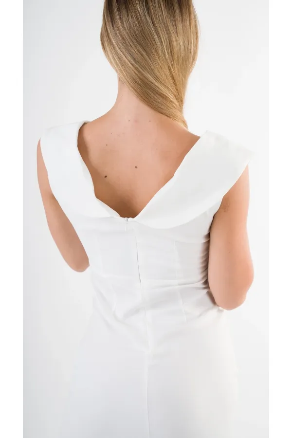 Kadın Beyaz V Yaka Yırtmaç Detaylı Kolsuz Elbise HZL24S-YY272