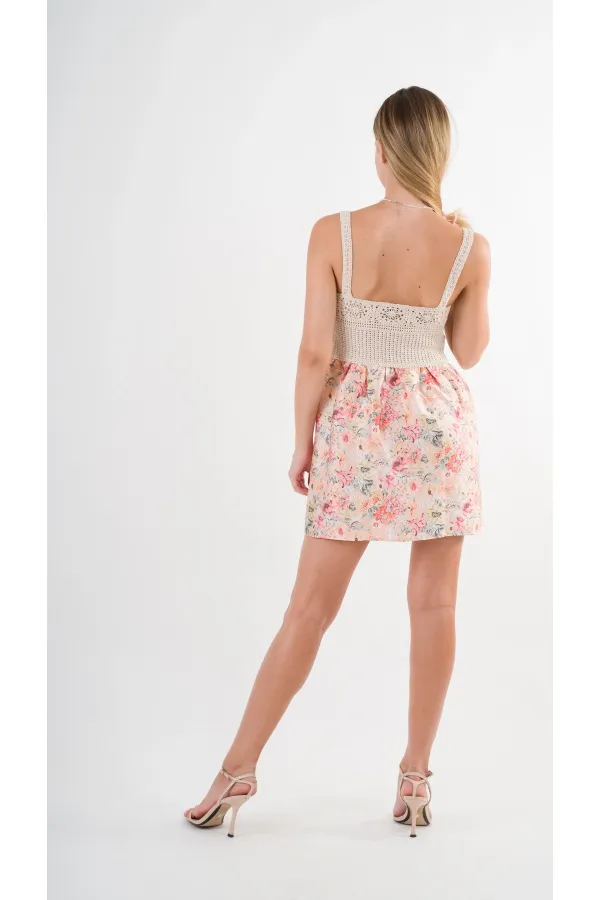 Robe courte ceinturée à col en V et motifs multicolores en satin pour femme HZL24S-YY250