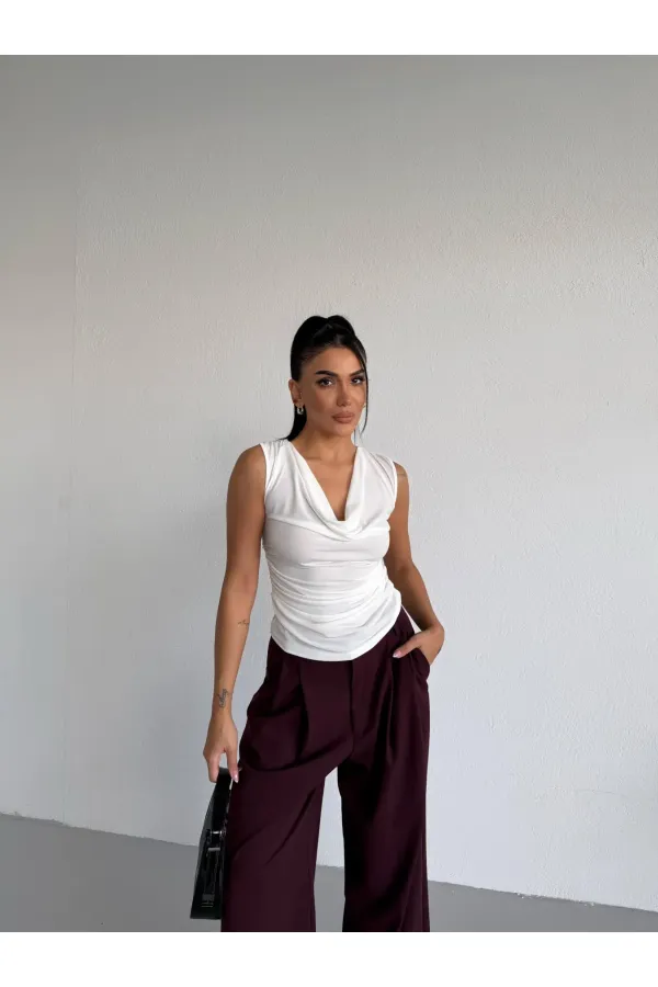 Kadın Beyaz Degaje Yaka Yanlardan Drapeli Sandy Bluz HZL25S-FRY123131