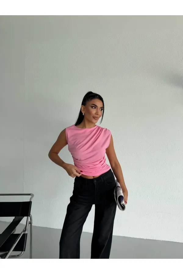 Chemisier rose sans manches à fronces pour femme, couleur sable, référence HZL26W-FRY122751