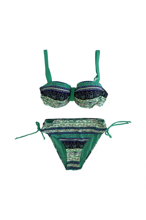 Kadın Yeşil Taş İşlemeli Etnik Desenli Astarlı Bikini Takımı HZL25S-LC3305