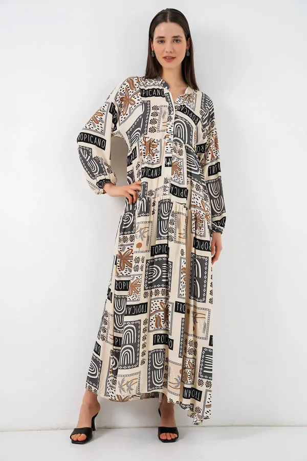 Kadın Desenli Uzun Tesettür Elbise 2585 - K. Bej