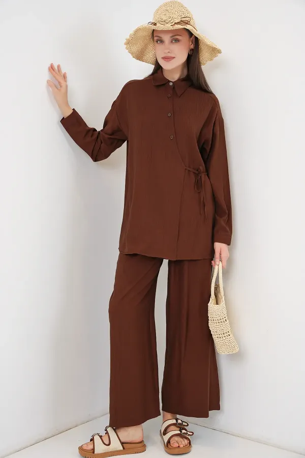 Ensemble deux pièces tunique et pantalon à lacets pour femme 6752 - Marron