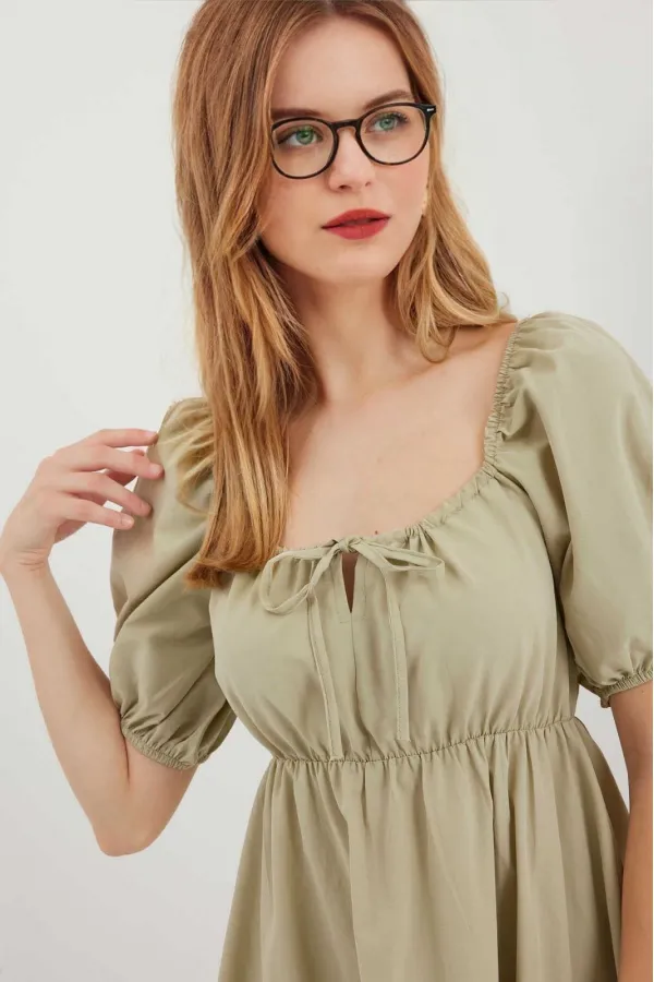 Robe évasée en popeline verte à col froncé et taille élastique pour femme Çağla HZL22S-BD123511