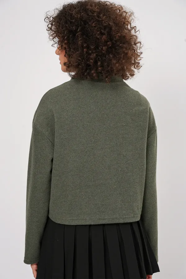 55449 Zip-Up Collar Knitted Sweatshirt - Khaki