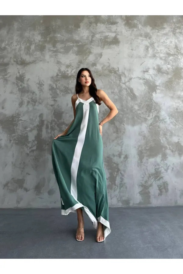 Kadın Haki Beyaz Detaylı Asimetrik Kesim V Yaka Ayarlanabilir İp Askılı Elbise HZL24S-MJ113041