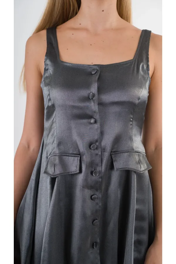 Kadın Antrasit Askılı Önden Düğmeli Cepli Beli Lastikli Şortlu Elbise HZL24S-YY197