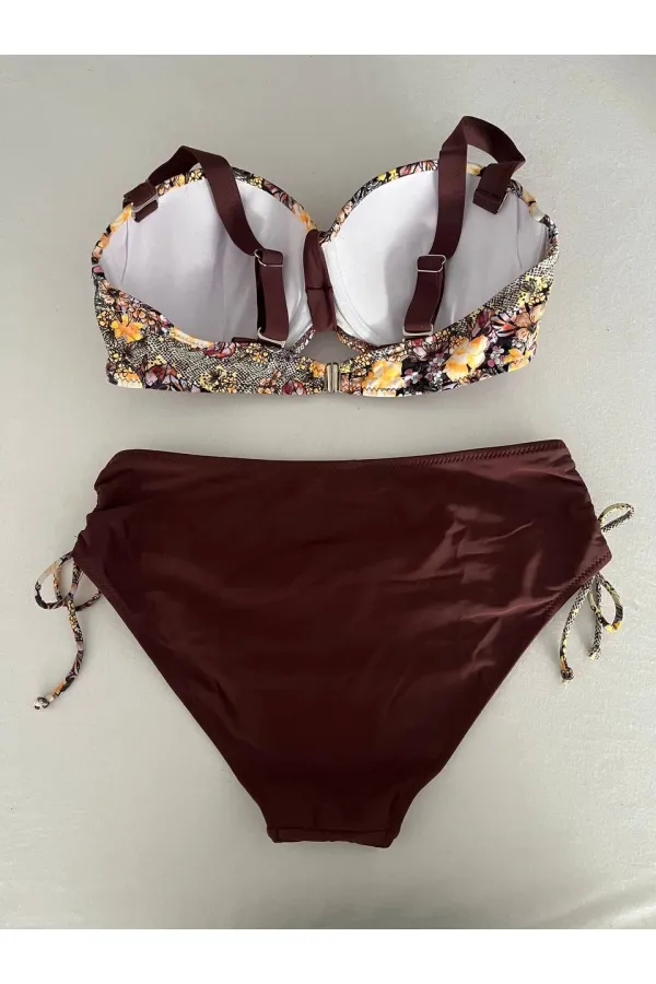 Kadın Kahve Çiçek Desenli Büyük Beden Astarlı Lacivert Bikini Takım HZL25S-LC3301