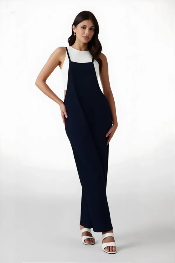 Women's Navy Blue Adjustable Straps Pocket Wide Leg Gardener Overalls HZL22S-BD170191