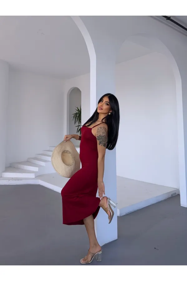 Kadın Bordo Ayarlanabilir Askılı Midi Boy Elbise HZL25S-FRY122921