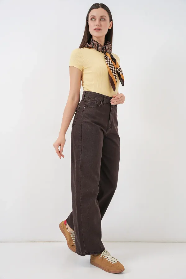 Women's Wide Leg High Waist Palazzo Jeans 6656 - Brown