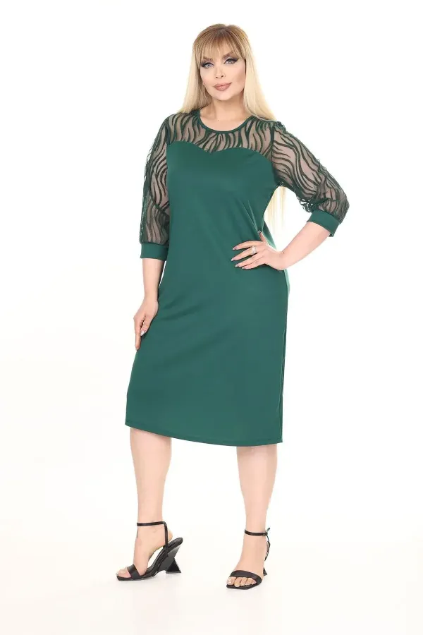 Kadın Zümrüt Yeşil Büyük Beden Flok Kol Elbise HZL26S-PR11161