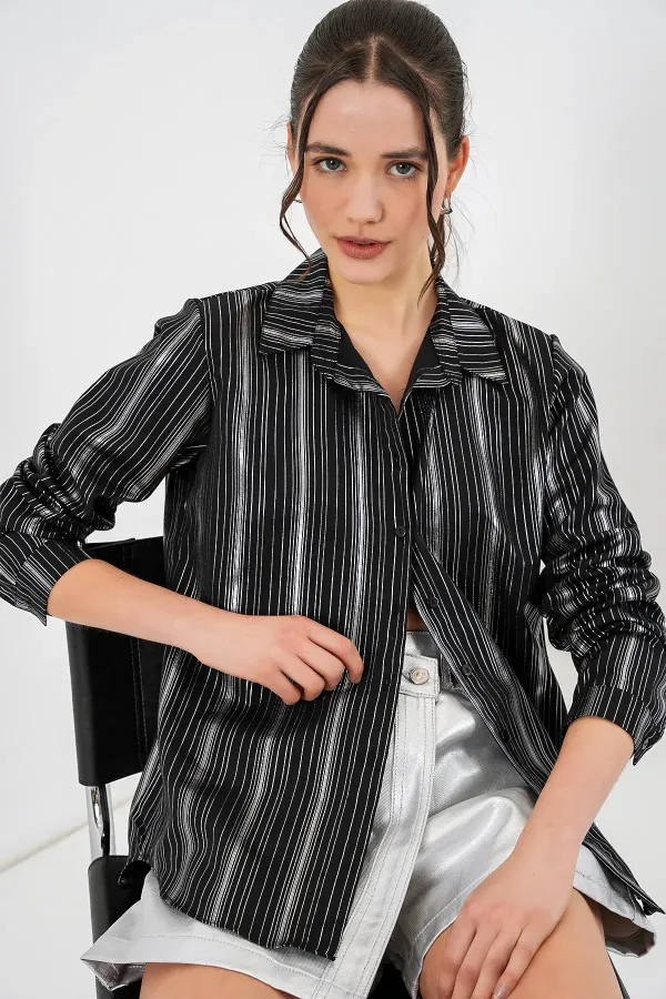 Women's Black Striped Foil Pattern Shirt 20253