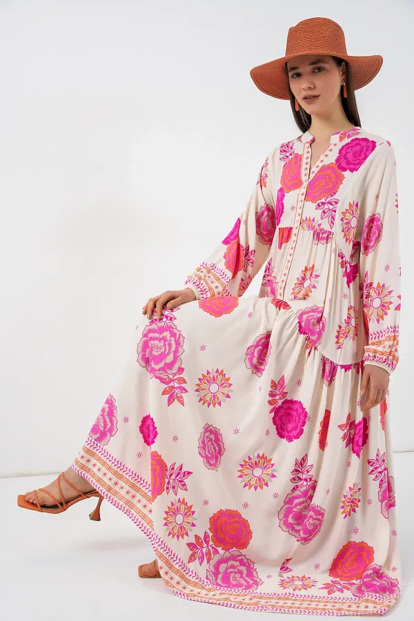 Kadın Desenli Uzun Tesettür Elbise 2585 - L. Fuşya