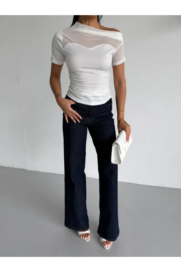 Women's White One-Shoulder Elegant Sandy Blouse with Transparent Tulle Detail HZL26S-FRY123871