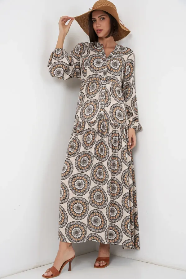 Robe longue hijab à motifs pour femme 2585 - Beige clair