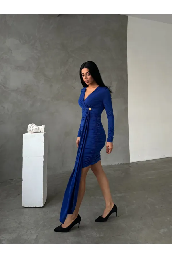 Kadın Saks Mavi V Yaka Toka Ve Büzgü Detaylı Elbise HZL25W-FRY122611