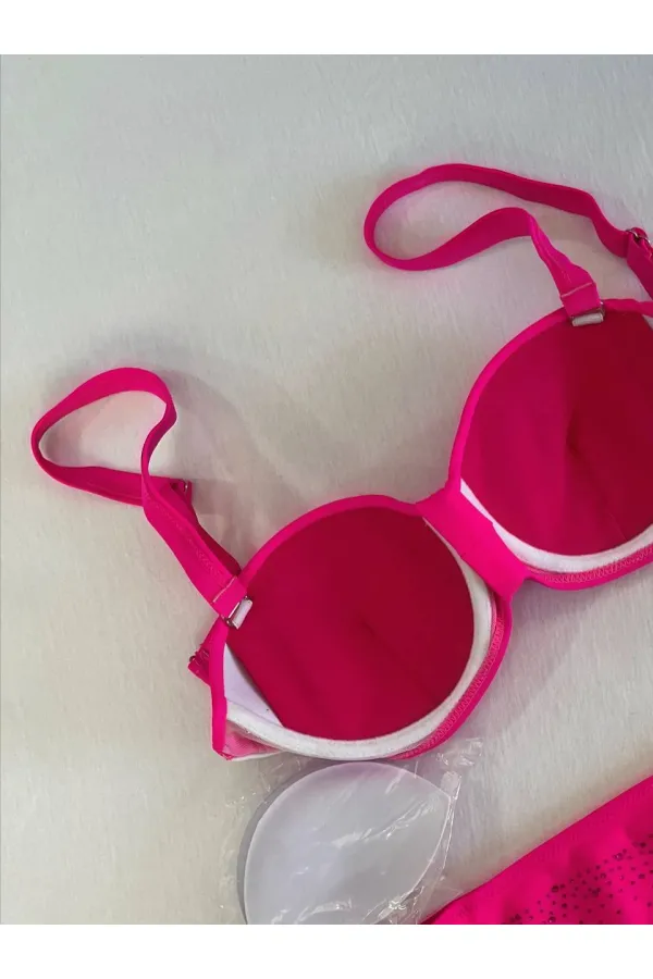 Women's Fuchsia Stone Embroidered Lined Bikini Set HZL25S-LC3361