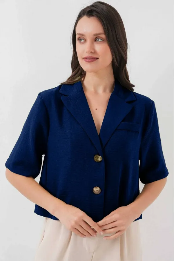 Women's Navy Blue Short Sleeve Shawl Collar Buttoned Seasonal Linen Ayrobin Jacket HZL24S-BD107061