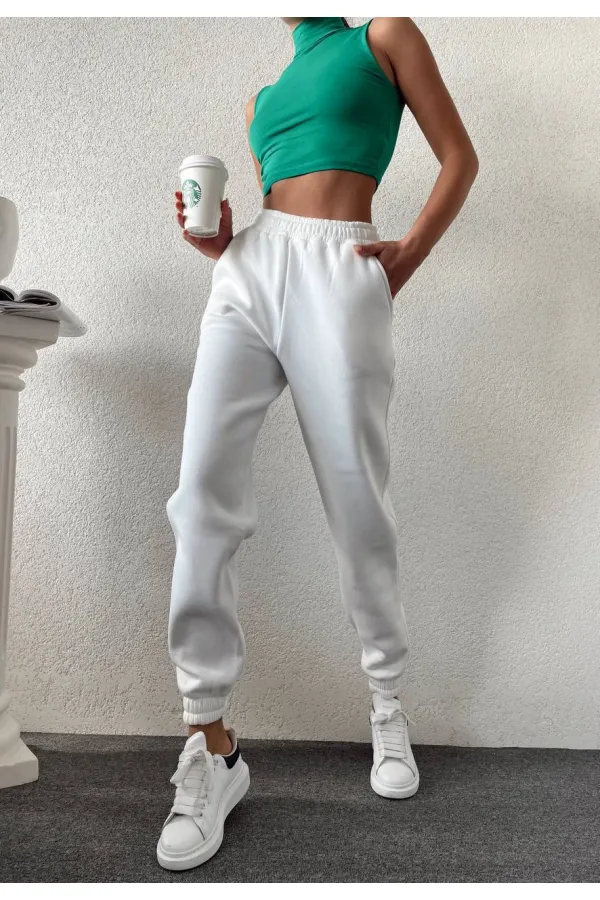 Kadın Beyaz Cepli Beli Paçası Lastikli 3 İplik Şardonlu Eşofman Altı HZL24W-ZK12321