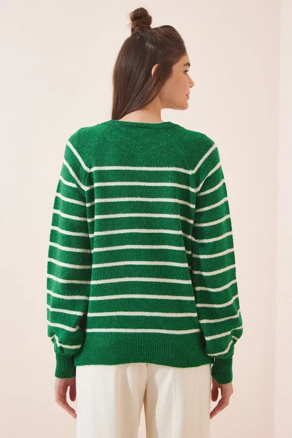 Pull rayé vert foncé à manches ballon et col boutonné pour femme HZL23W-BD1101491