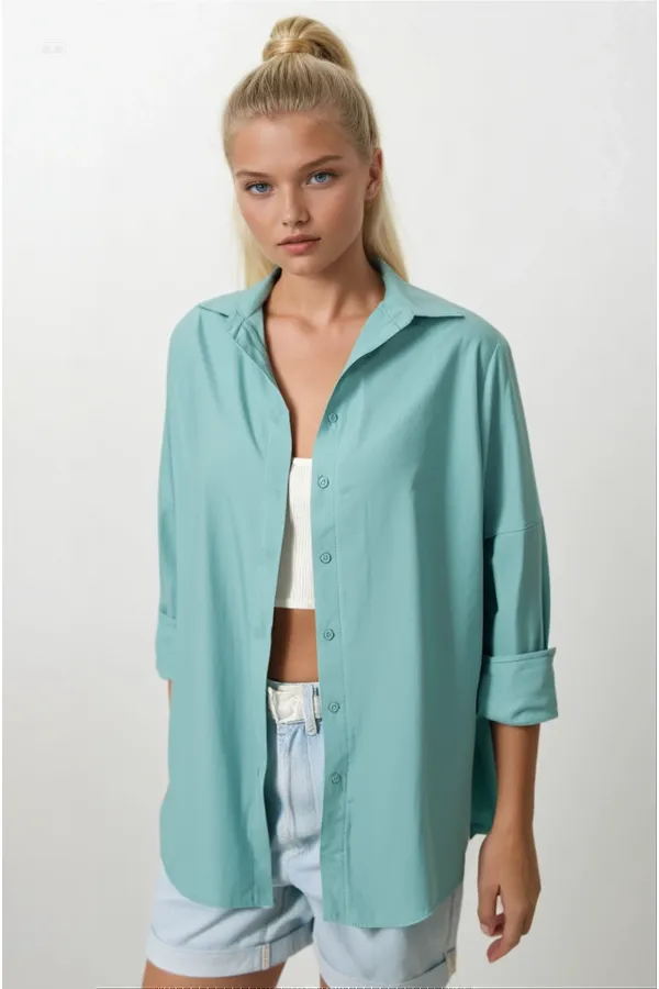 Chemise longue basique oversize vert aqua pour femme HZL22W-BD139001