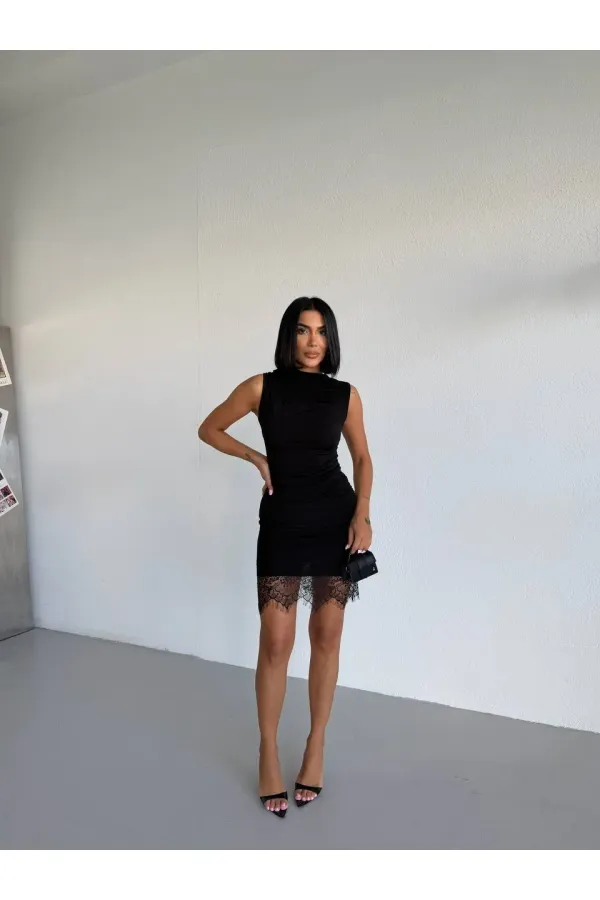 Women's Black Sleeveless Lace Detail Sandy Mini Dress HZL26S-FRY123921 Women's Black Sleeveless Lace Detail Sandy Mini Dress HZL26S-FRY123921