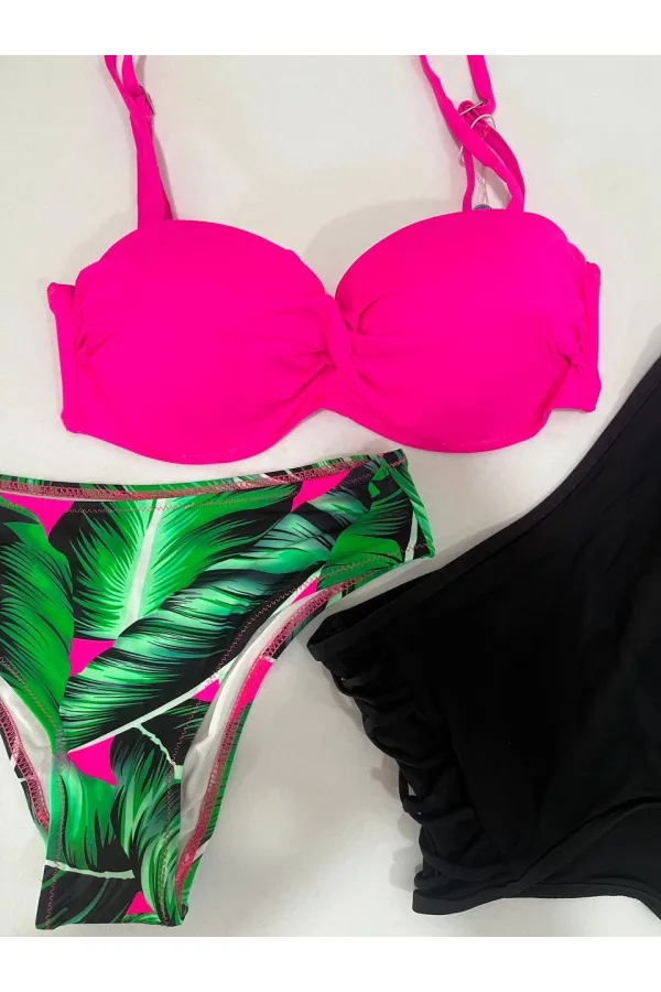 Kadın Fuşya İnce Askılı 3 Parça Bikini Takımı HZL25S-LC216