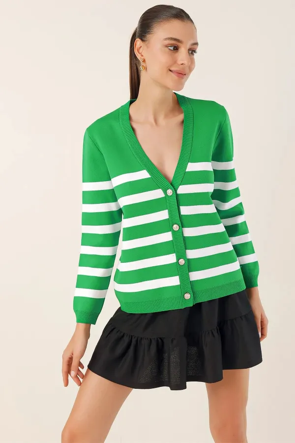 Cardigan en tricot à rayures vertes pour femme, coupe décontractée, col en V, HZL24W-BD1102151