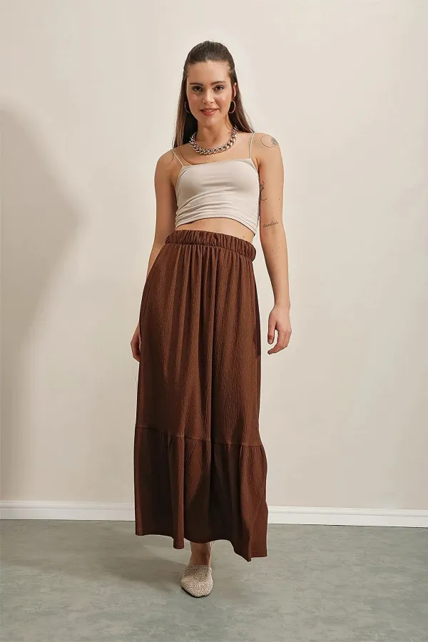 Women's Brown Elastic Waist Folded Long Skirt HZL23S-BD118861