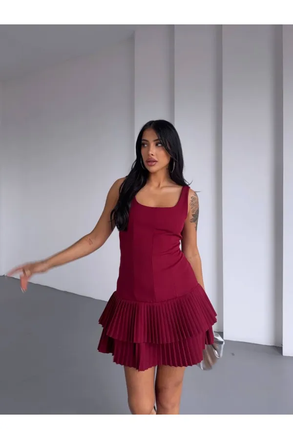 Kadın Bordo Pileli Şortlu Mini Elbise HZL25S-FRY122991