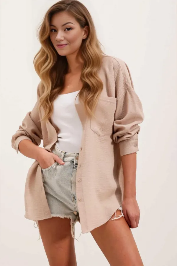 Kadın Bisküvi Tek Cepli Oversize Keten Ayrobin Gömlek HZL24S-BD1201531
