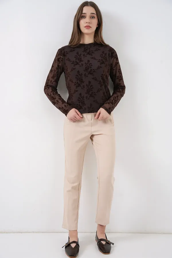 Women's Patterned Long-Sleeve Blouse 983 - Brown