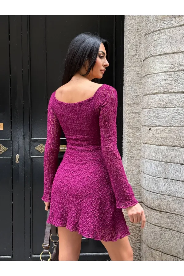 Kadın Mor Uzun Kollu Dantel Detay Astarlı Kloş Elbise HZL25W-FRY123531