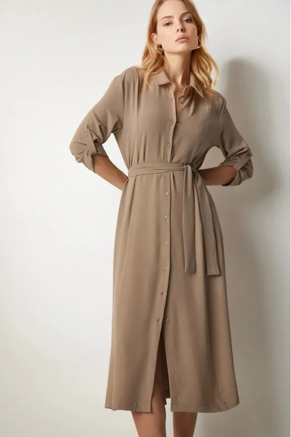 Kadın Krem Gizli Cepli Kuşaklı Viskon Gömlek Elbise HZL24S-BD124421