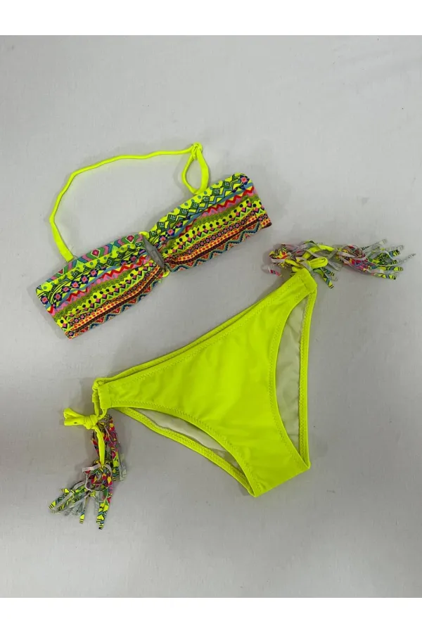 Ensemble bikini triangle jaune à doublure multicolore pour fille, 4-12 ans, HZL24S-LC1904