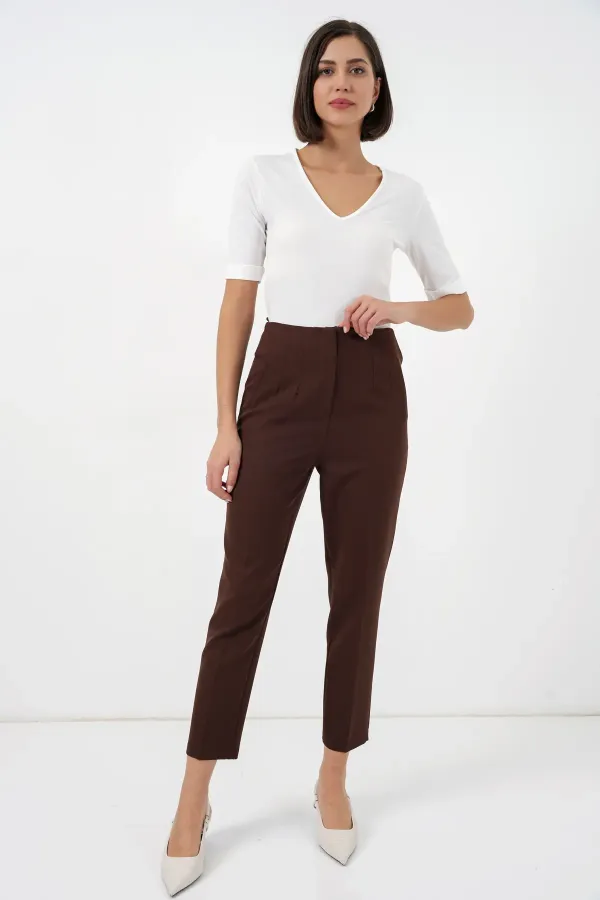 Pantalon en tissu taille haute 6650 - Marron