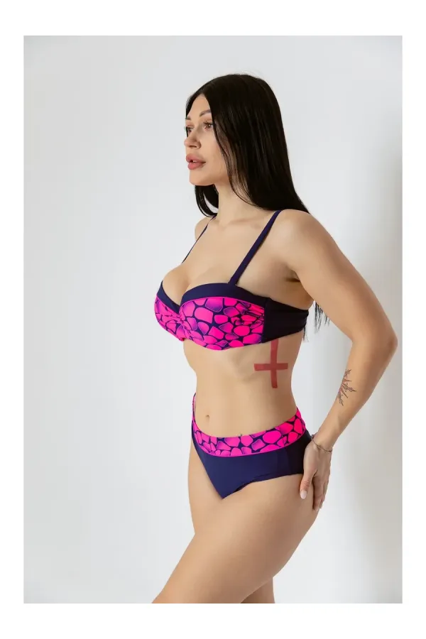 Women's Fuchsia Navy Blue Patterned Lined Bikini Set HZL25S-LC25143