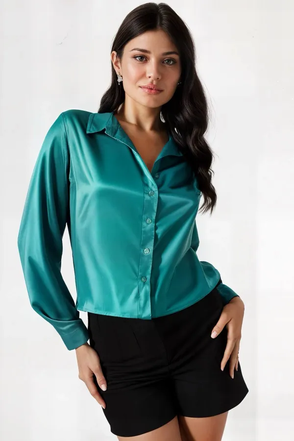 Kadın Yeşil Hafif Dökümlü Saten Yüzeyli Gömlek Hzl22w-bd139641