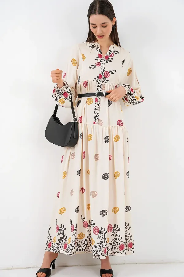 Robe longue hijab à motifs pour femme 2585 - Beige clair